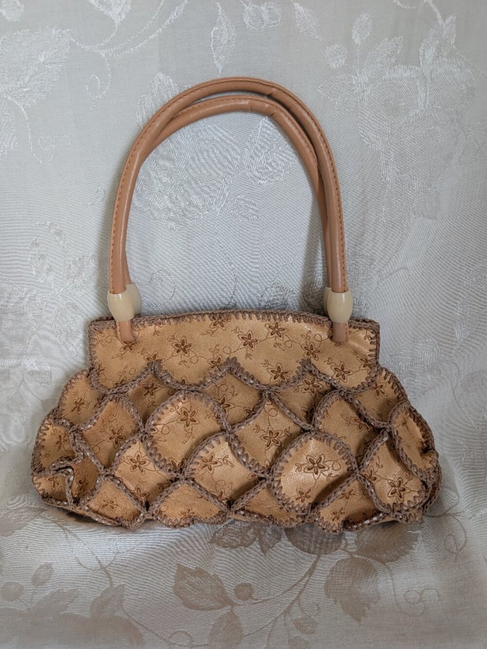 Tooled Tan Crochet-Stitched Unique Handbag